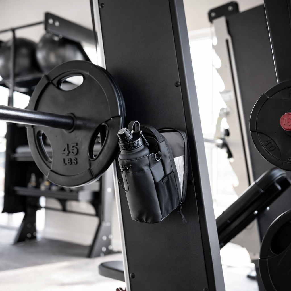 MagnaFlex Gym Bag - Magnetic Bag attached to gym equipment with water bottle, designed for easy access and convenience.
